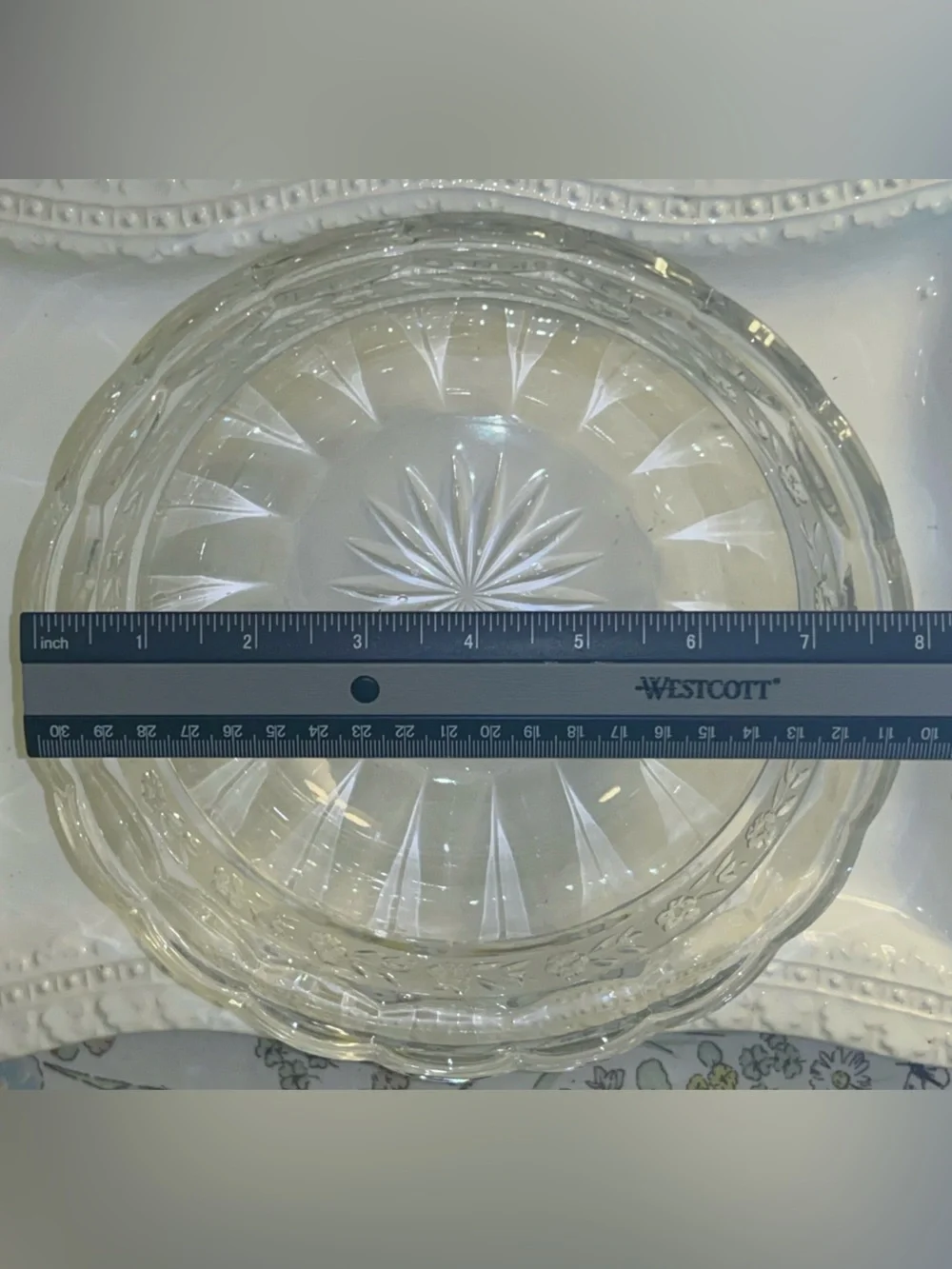Floral Clear Lead Crystal Depression Glass Serving Bowl  Vintage MCM